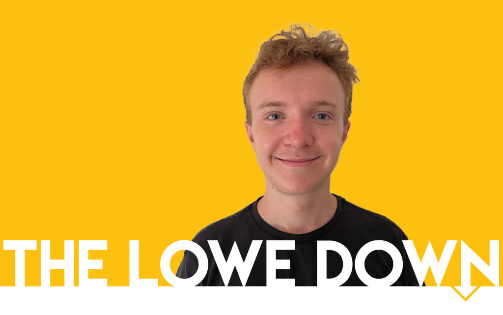 Young man smiling with the Lowe Down text on yellow background